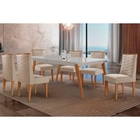 Conjunto: Mesa Sala Jantar Havana Curvo 180cm + 6 Cadeiras Dafne Naturale/Off White - Suede Creme - Rufato