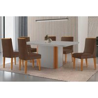 Conjunto: Mesa Sala Jantar Pietá Tampo c/ Vidro Curvo 180cm+6 Cadeiras Dakota Naturale/Off White - Suede Marrom - Rufato