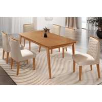 Conjunto: Mesa de Cozinha Havana Tampo Curvo 180cm+6 Cadeiras Maldivas Madeira Naturale - Capuccino/Suede Creme - Rufato