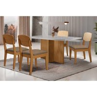 Conjunto: Mesa Sala Jantar Berlim Curvo 120cm + 4 Cadeiras Havana Naturale/Off White - Suede Capuccino - Rufato