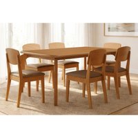 Conjunto: Mesa Sala Jantar Londrina Tampo Curvo 180cm+6 Cadeiras Havana Naturale - Corano Capuccino - Rufato