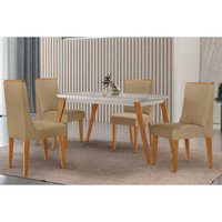 Conjunto: Mesa de Cozinha Havana Canto Curvo 120cm + 4 Cadeiras Dakota Naturale/Off White - Linho Bege - Rufato