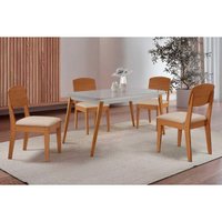 Conjunto: Mesa Sala Jantar Havana Curvo 120cm + 4 Cadeiras Havana Naturale/Off White - Suede Creme - Rufato