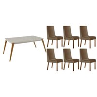 Conjunto: Mesa de Cozinha Havana Curvo 180cm + 6 Cadeiras Dakota Naturale/Off White - Suede Capuccino - Rufato