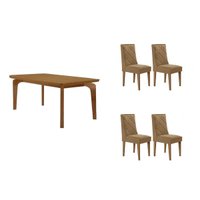 Conjunto: Mesa Sala Jantar Londrina Tampo Curvo 120cm+4 Cadeiras Pietá Madeira Naturale - Capuccino/Linho Bege - Rufato