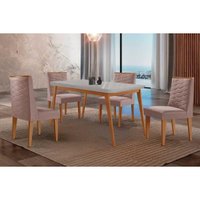 Conjunto: Mesa Sala Jantar Havana Curvo 120cm + 4 Cadeiras Dafne Naturale/Off White - Linho Capuccino - Rufato