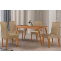 Conjunto: Mesa Sala Jantar Havana Tampo Curvo 120cm+4 Cadeiras Dakota Madeira Naturale - Capuccino/Linho Bege - Rufato