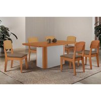 Conjunto: Mesa Sala Jantar Pietá Tampo Curvo 180cm+6 Cadeiras Havana Naturale/Off White - Suede Capuccino - Rufato