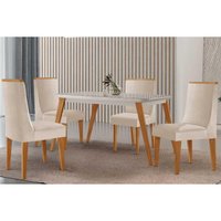 Conjunto: Mesa Sala Jantar Havana Curvo 120cm + 4 Cadeiras Dakota Naturale/Off White - Capuccino/Suede Creme - Rufato