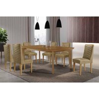 Conjunto: Mesa Sala Jantar Londrina Tampo Curvo 180cm+6 Cadeiras Dafne Madeira Naturale - Capuccino/Linho Bege - Rufato