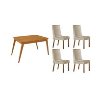 Conjunto: Mesa Sala Jantar Havana Curvo 120cm + 4 Cadeiras Dakota Naturale - Suede Creme - Rufato