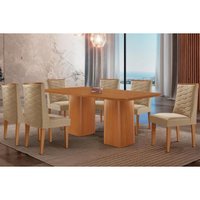 Conjunto: Mesa Sala Jantar Maldivas Tampo Curvo 180cm+6 Cadeiras Dafne Madeira Naturale - Capuccino/Linho Bege - Rufato