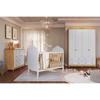 Quarto de Bebê Completo Elô 3 Peças (1GuardaRoupa+1Berço+1Cômoda) QI118 Branco/Amendoa - Peroba