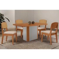 Conjunto: Mesa Sala Jantar Pietá Tampo Curvo 120cm+4 Cadeiras Havana Naturale/Off White - Suede Creme - Rufato
