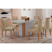 Conjunto: Mesa de Cozinha Pietá Tampo c/ Vidro Curvo 180cm+6 Cadeiras Pietá Naturale/Off White - Linho Bege - Rufato