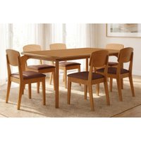 Conjunto: Mesa Sala Jantar Londrina Tampo Curvo 180cm+6 Cadeiras Havana Naturale - Suede Marrom - Rufato