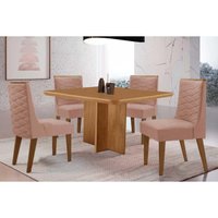 Conjunto: Mesa de Cozinha Berlim Tampo Curvo 90cm+4 Cadeiras Dafne Madeira Naturale - Capuccino/Linho Capuccino - Rufato