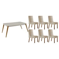 Conjunto: Mesa Sala Jantar Havana Curvo 180cm + 6 Cadeiras Dakota Naturale/Off White - Suede Creme - Rufato