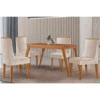 Conjunto: Mesa Sala Jantar Havana Tampo Curvo 120cm+4 Cadeiras Dakota Madeira Naturale - Capuccino/Suede Creme - Rufato