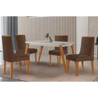 Conjunto: Mesa de Cozinha Havana Canto Curvo 120cm + 4 Cadeiras Dakota Naturale/Off White - Suede Marrom - Rufato