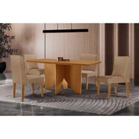 Conjunto: Mesa de Cozinha Nevada Tampo Curvo 120cm+4 Cadeiras Dakota Madeira Naturale - Capuccino/Linho Bege - Rufato