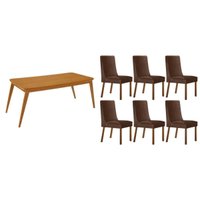Conjunto: Mesa de Cozinha Havana Tampo Curvo 180cm+6 Cadeiras Dakota Madeira Naturale - Capuccino/Suede Marrom - Rufato