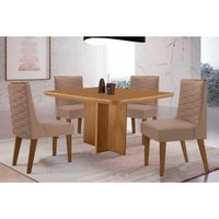 Conjunto: Mesa de Cozinha Berlim Tampo Curvo 90cm+4 Cadeiras Dafne Madeira Naturale - Capuccino/Suede Capuccino - Rufato