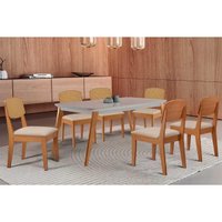 Conjunto: Mesa Sala Jantar Havana Tampo c/ Vidro Curvo 180cm+6 Cadeiras Havana Naturale/Off White - Suede Creme - Rufato