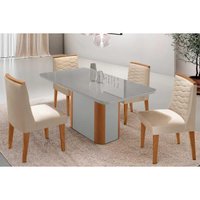Conjunto: Mesa de Cozinha Pietá Tampo c/ Vidro Curvo 120cm+4 Cadeiras Maldivas Naturale/Off White - Suede Creme - Rufato