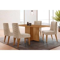 Conjunto: Mesa Sala Jantar Berlim Curvo 120cm + 4 Cadeiras Dafne Naturale - Suede Creme - Rufato
