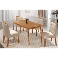 Conjunto: Mesa de Cozinha Havana Tampo Curvo 120cm+4 Cadeiras Maldivas Madeira Naturale - Capuccino/Suede Creme - Rufato