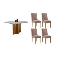 Conjunto: Mesa Sala Jantar Berlim Curvo 90cm + 4 Cadeiras Maldivas Naturale/Off White - Linho Capuccino - Rufato