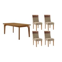 Conjunto: Mesa Sala Jantar Londrina Tampo Curvo 120cm+4 Cadeiras Jaspe Madeira Naturale - Capuccino/Linho Bege - Rufato