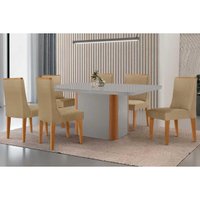 Conjunto: Mesa de Cozinha Pietá Tampo c/ Vidro Curvo 180cm+6 Cadeiras Dakota Naturale/Off White - Linho Bege - Rufato