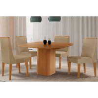 Conjunto: Mesa Sala Jantar Maldivas Tampo Curvo 90cm+4 Cadeiras Dakota Madeira Naturale - Capuccino/Linho Bege - Rufato