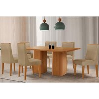 Conjunto: Mesa Sala Jantar Maldivas Tampo Curvo 180cm+6 Cadeiras Dakota Madeira Naturale - Capuccino/Linho Bege - Rufato