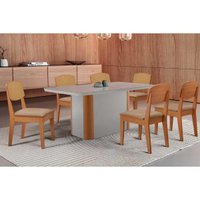 Conjunto: Mesa de Cozinha Pietá Tampo c/ Vidro Curvo 180cm+6 Cadeiras Havana Naturale/Off White - Linho Bege - Rufato