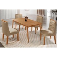 Conjunto: Mesa de Cozinha Havana Tampo Curvo 120cm+4 Cadeiras Maldivas Madeira Naturale - Capuccino/Linho Bege - Rufato