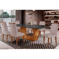 Conjunto: Mesa de Cozinha Jade Curvo 180cm + 6 Cadeiras Amsterdã Madeira Imbuia/Grafite - Capuccino/Suede Creme - Rufato