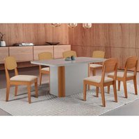 Conjunto: Mesa Sala Jantar Pietá Tampo c/ Vidro Curvo 180cm+6 Cadeiras Havana Naturale/Off White - Suede Creme - Rufato