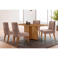 Conjunto: Mesa Sala Jantar Berlim Curvo 120cm + 4 Cadeiras Dafne Naturale - Linho Capuccino - Rufato