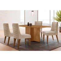 Conjunto: Mesa de Cozinha Berlim Tampo Curvo 120cm+4 Cadeiras Dafne Madeira Naturale - Capuccino/Suede Creme - Rufato
