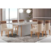 Conjunto: Mesa Sala Jantar Tilia Tampo c/ Vidro Curvo 180cm+6 Cadeiras Jaspe Naturale/Off White - Suede Creme - Rufato