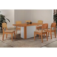 Conjunto: Mesa Sala Jantar Pietá Tampo Curvo 180cm+6 Cadeiras Havana Naturale/Off White - Linho Bege - Rufato