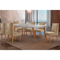 Conjunto: Mesa Sala Jantar Havana Curvo 180cm + 6 Cadeiras Dafne Naturale/Off White - Linho Bege - Rufato