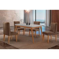 Conjunto: Mesa Sala Jantar Havana Curvo 120cm + 4 Cadeiras Dafne Naturale/Off White - Suede Marrom - Rufato