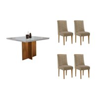 Conjunto: Mesa Sala Jantar Berlim Curvo 90cm + 4 Cadeiras Maldivas Naturale/Off White - Linho Bege - Rufato