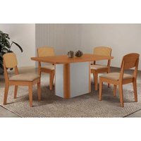 Conjunto: Mesa Sala Jantar Pietá Tampo Curvo 120cm+4 Cadeiras Havana Naturale/Off White - Linho Bege - Rufato