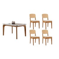 Conjunto: Mesa Sala Jantar Londrina Tampo c/ Vidro Curvo 120cm+4 Cadeiras Havana Naturale/Off White - Suede Creme Rufato