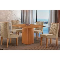 Conjunto: Mesa Sala Jantar Maldivas Tampo Curvo 90cm+4 Cadeiras Dafne Madeira Naturale - Capuccino/Linho Bege - Rufato